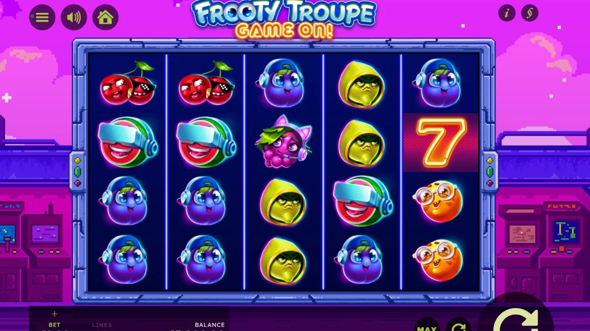 Frooty Troupe – Game On! slot machine with retro pixel art fruit symbols