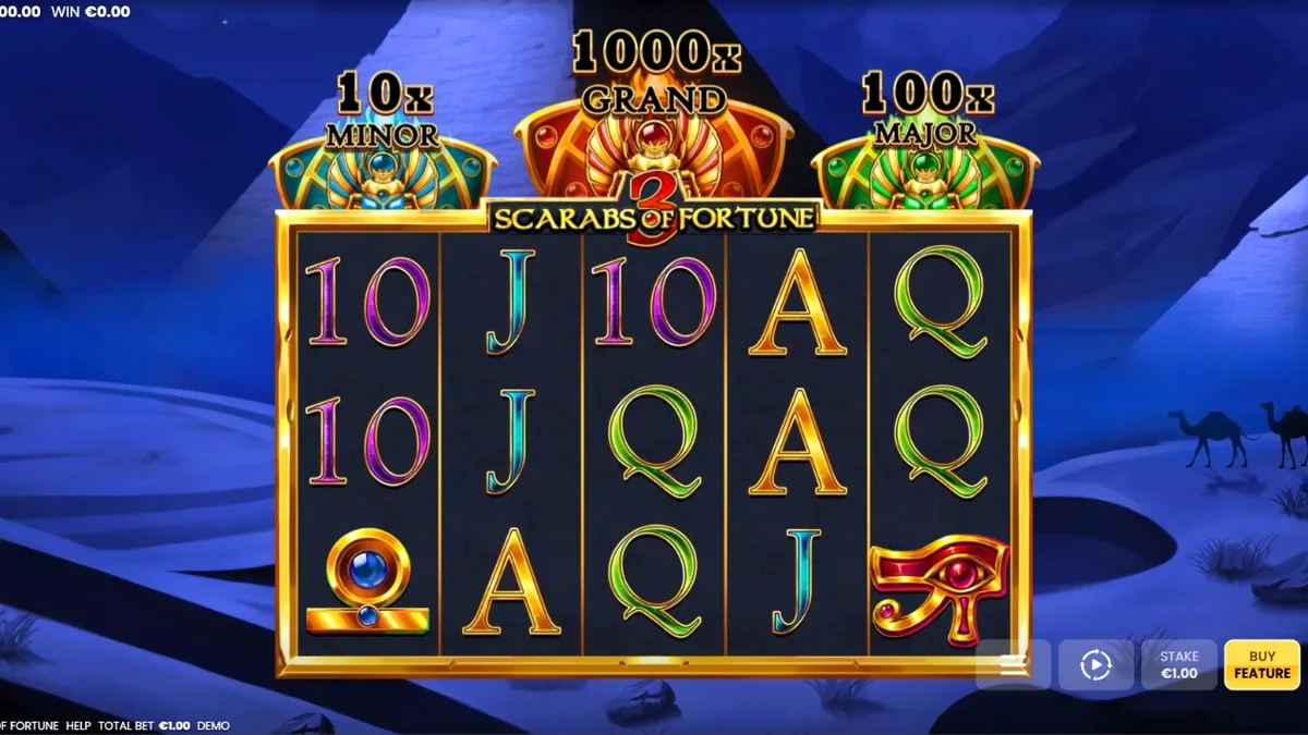 Tampilan visual slot 3 Scarabs of Fortune dengan tema Mesir Kuno dan simbol Scarab emas.